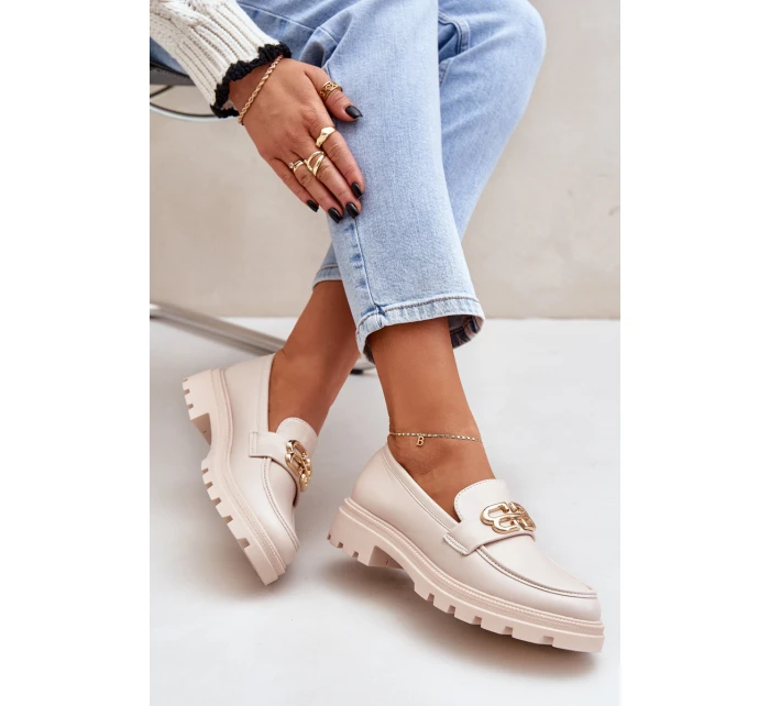 Mokasyny Damskie Ze Złotym Detalem Beżowe Trionna