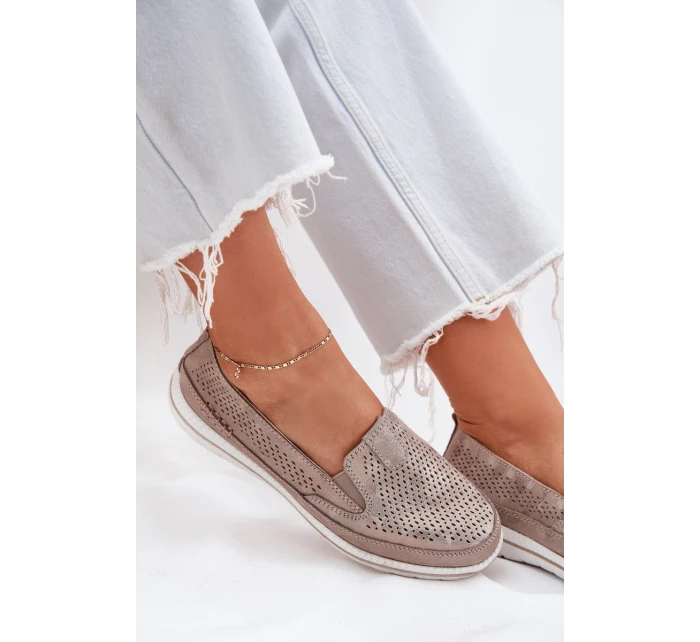 Zamszowe Ażurowe Półbuty Mokasyny Damskie Złote Redileine