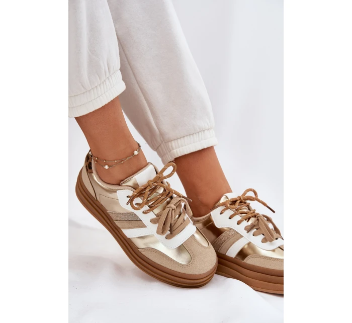 Sneakersy Damskie Na Platformie Z Podwójnym Sznurowaniem Panterka Złote Niteria Sneakersy Damskie Na Platformie Z Podwójnym Sznurowaniem Panterka Złote Niteria