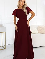 694-3 MIRELLA Elegantné maxi šaty so rozšírenou sukňou a flitrovými rukávmi – vínová