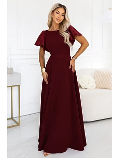 694-3 MIRELLA Elegantné maxi šaty so rozšírenou sukňou a flitrovými rukávmi – vínová