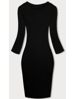 Dámske čierne rebrované šaty s okrúhlym výstrihom (5131)