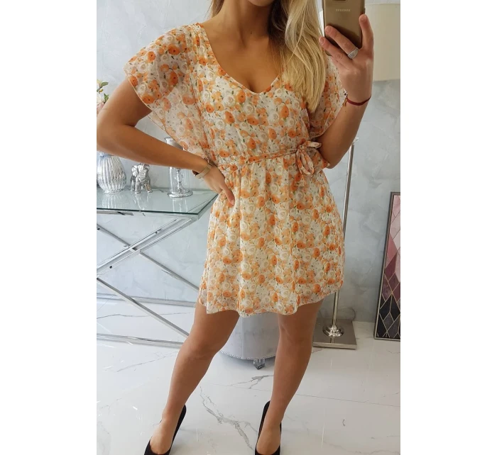 Kvetinové šaty s viazaním v páse ecru