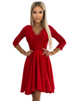 NICOLLE - Červené dámske šaty s čipkovým výstrihom a dlhším zadným dielom 210-16