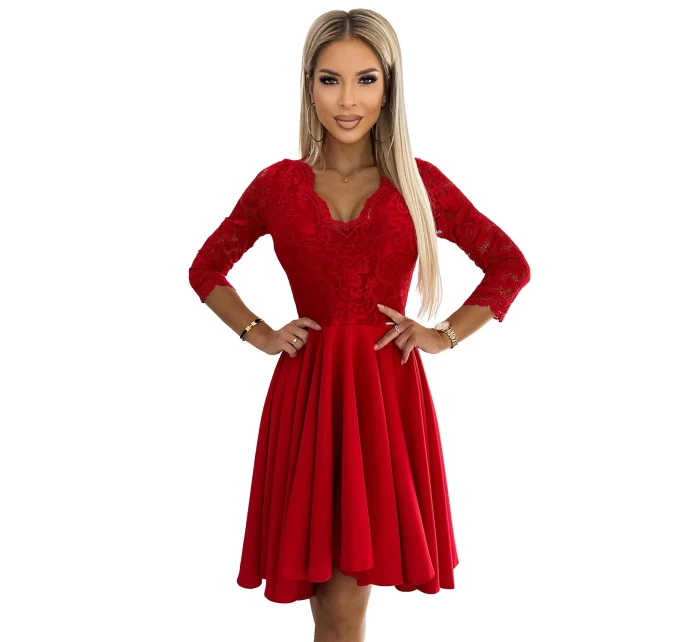 210-16 NICOLLE šaty s čipkovaným výstrihom a dlhším chrbtom - červené 210-16 NICOLLE šaty s čipkovaným výstrihom a dlhším chrbtom - červené