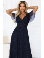 dlouhé lesklé šaty s výstřihem a krátkými rukávy tmavě modré model 21777396 - numoco basic