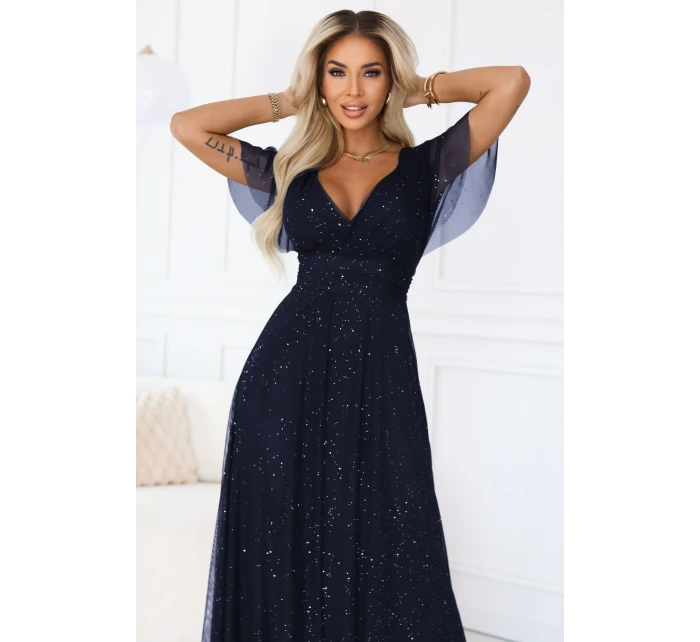 dlouhé lesklé šaty s výstřihem a krátkými rukávy tmavě modré model 21777396 - numoco basic