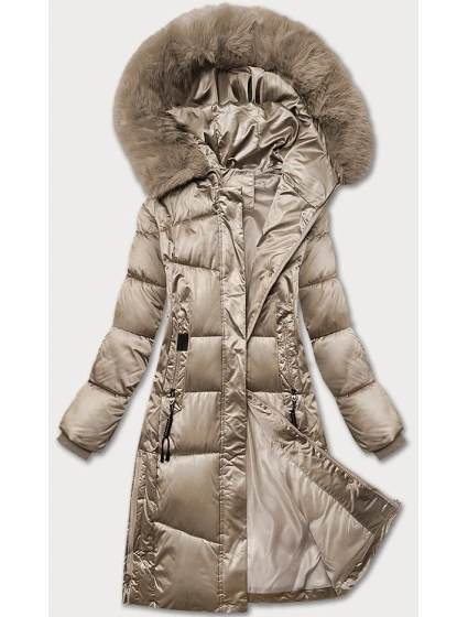 Zimowa pikowana kurtka plus size z kapturem beżowa model 21248319 - S'WEST