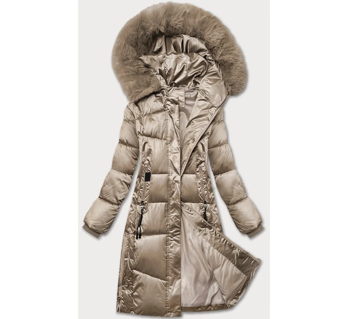 Zimowa pikowana kurtka plus size z kapturem beżowa model 21248319 - S'WEST