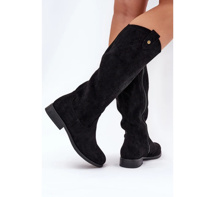 Kozaki Na Płaskim Obcasie Z Ażurowym Wzorem S.Barski HY51-062 Czarne