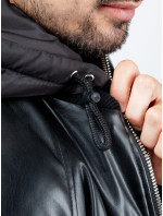 Pánska kožená bunda s kapucňou GLANO - čierna