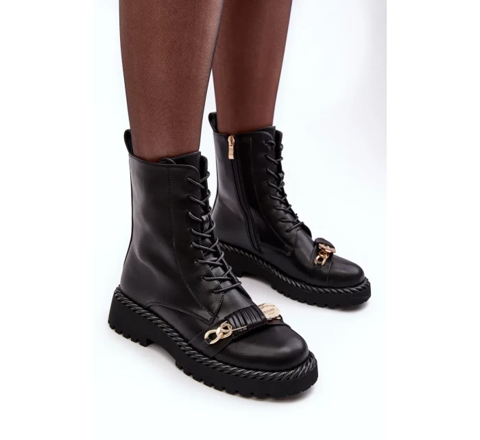 Dámské kožené pracovní kotníkové boty s ozdobou, černá S.Barski