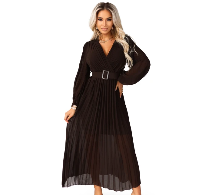 model 21787448 KLARA plisované elegantní midi šaty s páskem a výstřihem čokoládové - numoco basic