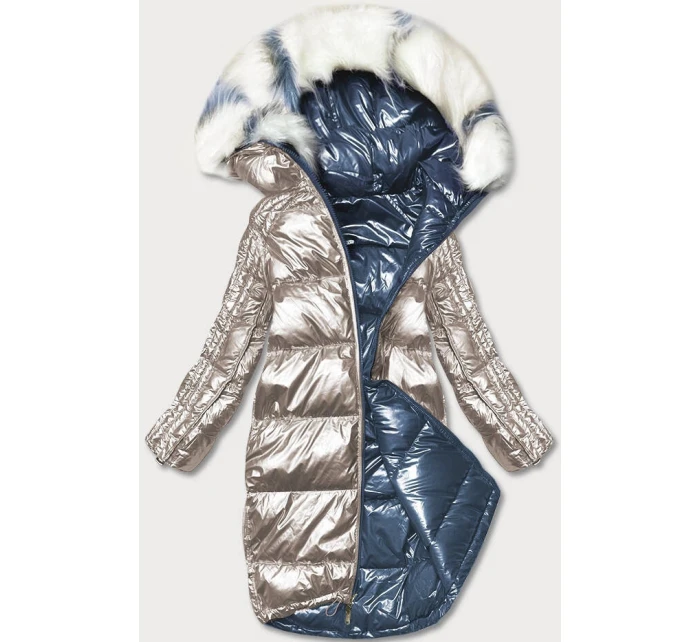 Obojstranná metalická zimná bunda tmavomodrá a béžová (p21-7901-99+62)
