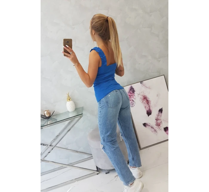 Halenka bez ramínek s volánky chrpově modrá