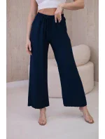 Viskózové nohavice so širokými nohavicami námornícka modrá