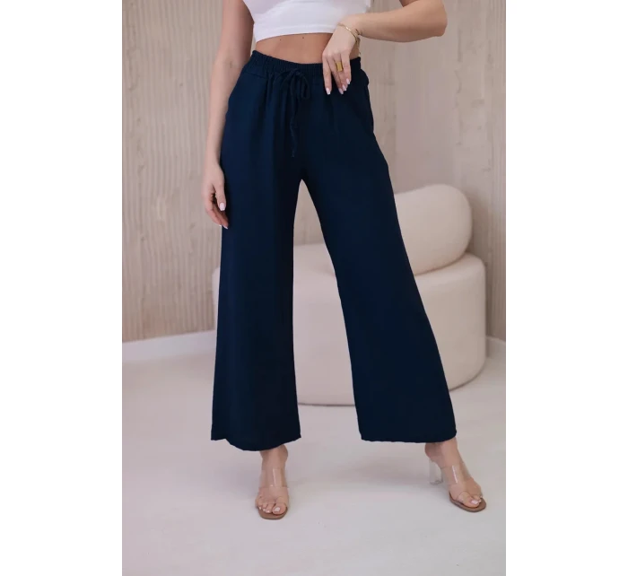 Viskózové nohavice so širokými nohavicami námornícka modrá