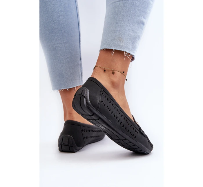 Mokasyny Damskie Ażurowe Z Ozdobą Czarne Kaydance