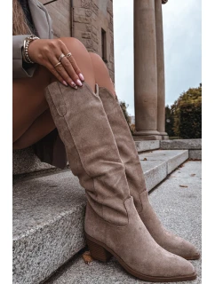 Kozaki Kowbojki Damskie Na Obcasie Z Eko Zamszu Beżowe Esmira