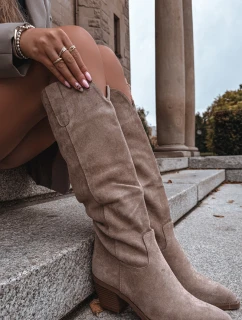 Kozaki Kowbojki Damskie Na Obcasie Z Eko Zamszu Beżowe Esmira