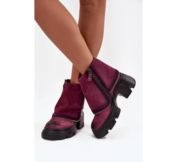 Skórzane Botki Damskie Z Wywiniętą Cholewką Maciejka 07145-23 Bordowe