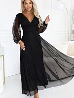 684-4 NERISSA – elegantné tylové maxi šaty s výstrihom do V – čierne