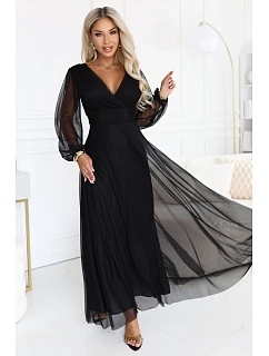 684-4 NERISSA – elegantné tylové maxi šaty s výstrihom do V – čierne