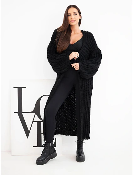 Dámský dlouhý model 22353173 kardigan bez zapínání se širokým rukávem černý - K-Fashion