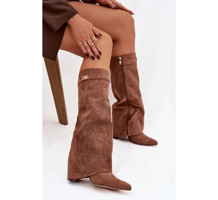 Kozačky Eko semišové podpatek sloupek na zip vyhřívané vytočená lýtka tmavě béžové Evyra Kozačky Eko semišové podpatek sloupek na zip vyhřívané vytočená lýtka tmavě béžové Evyra