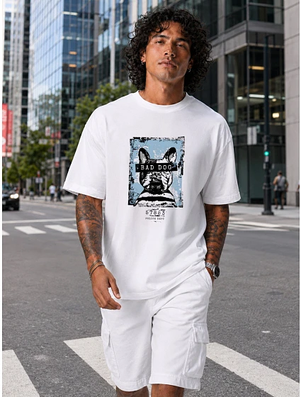 Tshirt męski oversize z nadrukiem bawełniany biały model 22216034 - FashionStreet