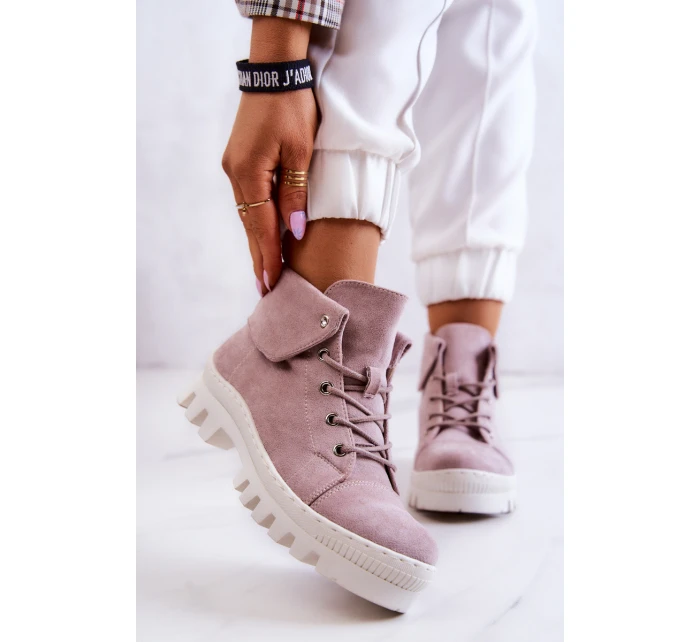 Zamszowe Botki Trapery Wiązane Jasnofioletowe Dalles