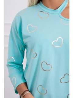 Blúzka s potlačou srdca v mätovej farbe