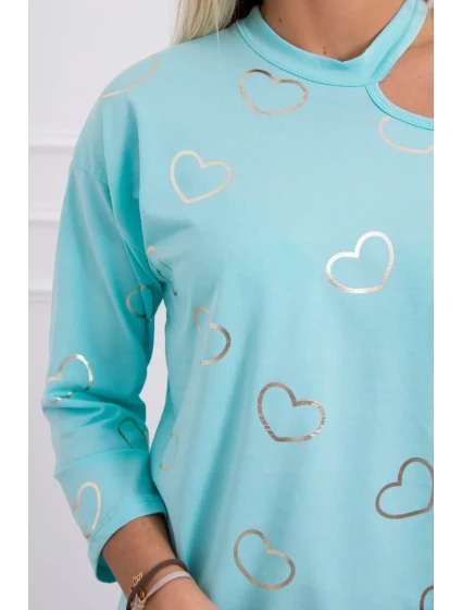 Blúzka s potlačou srdca v mätovej farbe