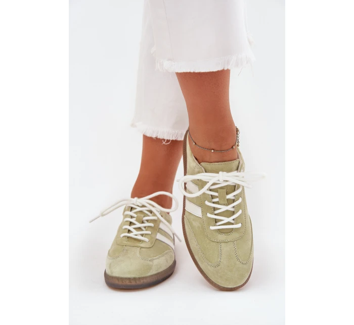Niskie Skórzane Sneakersy Damskie Limonkowe Ismina
