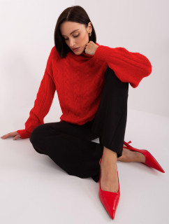 Červený voľný dámsky sveter s káblami