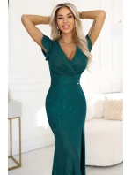 598-2 IRINA oslnivé dlhé šaty s brokátom, obálkovým výstrihom a rozparkom na nohách - fľaškovo zelené