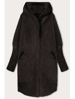 Tmavo hnedý dlhý vlnený prehoz cez oblečenie typu alpaka s kapucňou (908)