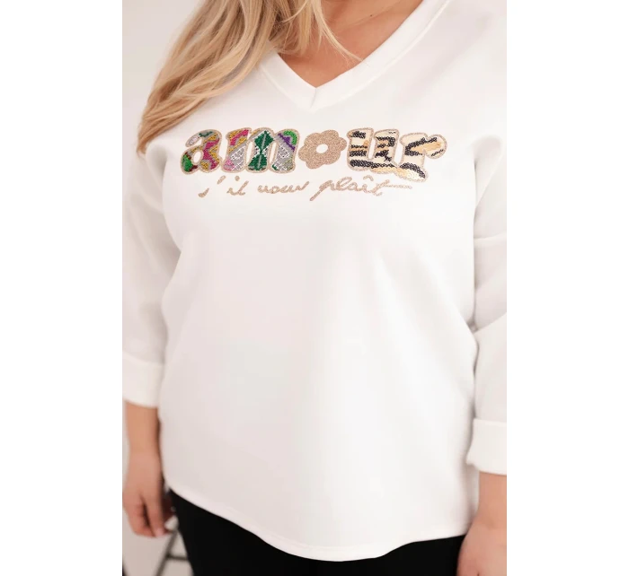 Dámská mikina Plus Size s nápisem a výstřihem do V ecru Dámská mikina Plus Size s nápisem a výstřihem do V ecru