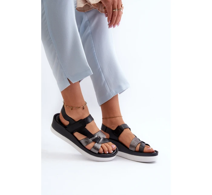 Zazoo 40397 Damskie Skórzane Sandały Na Platformie Czarne