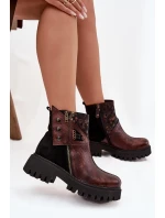 Kožené zateplené kotníkové boty na platformě a plochém podpatku model 21725100 hnědé - Maciejka