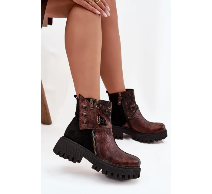 Kožené zateplené kotníkové boty na platformě a plochém podpatku model 21725100 hnědé - Maciejka