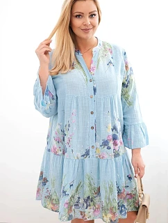 Dámské bavlněné šaty Plus Size s výstřihem do V a knoflíky s květinovým vzorem modrá