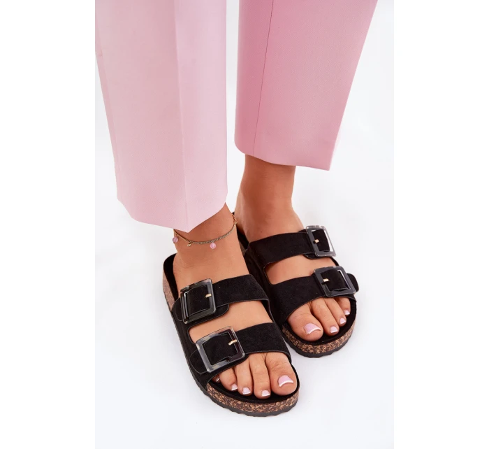 Klapki Damskie Z Klamrami Na Korkowej Podeszwie Czarne Sercele Klapki Damskie Z Klamrami Na Korkowej Podeszwie Czarne Sercele