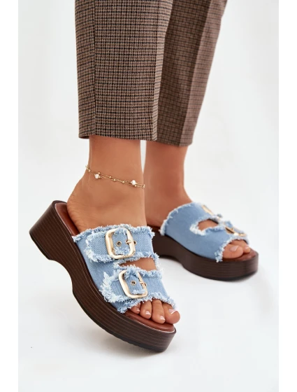 Dámské pantofle na platformě se zlatými sponami modré Renelisse