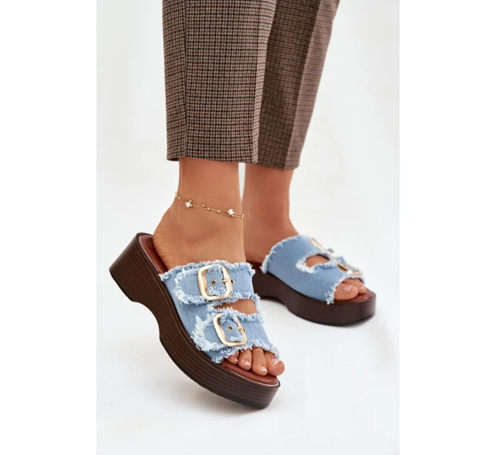 Dámské pantofle na platformě se zlatými sponami modré Renelisse