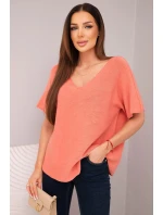 Dámská svetr s krátkým rukávem a výstřihem do V meruňková