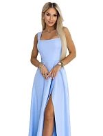 Dlouhé šaty s rozparkem a výstřihem modré s třpytkami model 22090126 - numoco