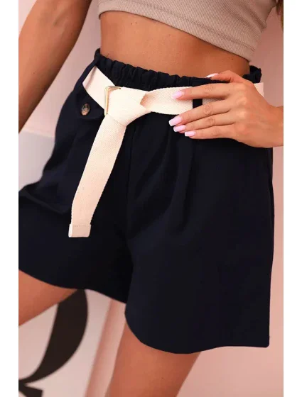 Dámske šortky s vysokým pásom a opaskom tmavomodré