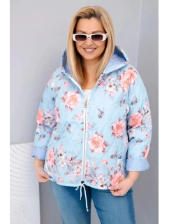 Dámske Plus veľkosť jarná prešívaná bunda s kapucňou a kvetinovým vzorom Blue