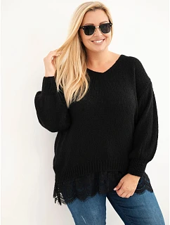 Dámský svetr Plus Size s krajkovým spodkem černý